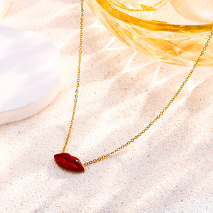 Collana con Ciondolo a Forma di Labbra Rosse Placcato Oro, Stile Coreano, in Acciaio Inossidabile, Gioielli <span class=keywords><strong>per</strong></span> Donne - Product Image 2