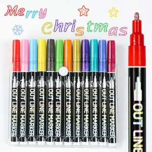 Outline Metal Marker Pens 12 Colors Paint Permanent Pen Metallic Double Line Markers For Writing And Drawing Lines