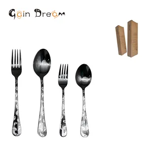 Gain Dream 24 Pcs Spork Set Dishwasher Safe Black Halloween Cutlery Stainless Steel Fork And Spoons Set