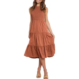 OEM wholesale cotton plus size sleeveless solid color ruffle hem Ruched long women casual summer dress 2024
