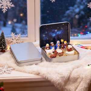 Caja de Metal Rectangular de Hojalata Repujada de Alta Calidad con Bisagras, Recubrimiento UV, Miniatura de Nacimiento Navideño, Reciclable - Product Image 2