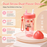 Bouteille d'eau portable en plastique sans BPA avec logo personnalisé, double paille, double ouverture, anti-fuite, motif mignon, avec corde de transport, pour adultes, idéale pour l'été