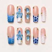 Faux ongles carrés roses français à presser, 10 pièces, faits à la main, avec fleurs 3D et strass