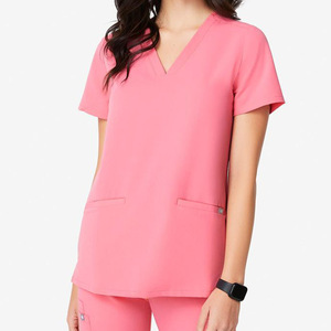Uniformes d'été roses personnalisés à manches courtes et col en V en coton pour les infirmières pédiatriques. - Product Image 2
