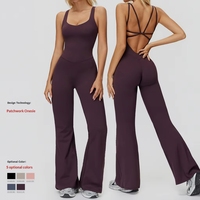 Combinaison de yoga sans couture pour femme, respirante, à bretelles croisées, légèrement évasée, à jambes larges, pour le sport et le yoga
