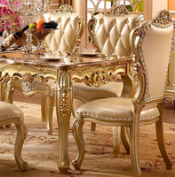 Ensemble de table à manger de luxe avec plateau en marbre, table rectangulaire en bois massif, 6 chaises, style européen, ensemble de table à manger dorée
