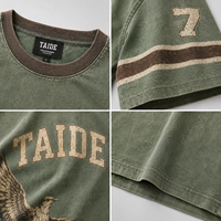T-shirt Oversize TaiDe Certifié GRS en Coton 280 GSM Délavé à l'Acide avec Imprimé Aigle Universitaire, Étiquette Personnalisée, Coupe Boxy, Streetwear Homme