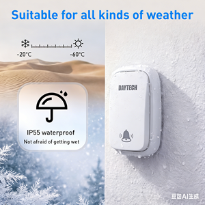 <span class=keywords><strong>Sonnette</strong></span> sans fil Daytech, alarme, étanche, auto-alimentée, <span class=keywords><strong>bouton</strong></span> de <span class=keywords><strong>sonnette</strong></span>, 5 niveaux de volume réglables, carillon de porte - Product Image 4