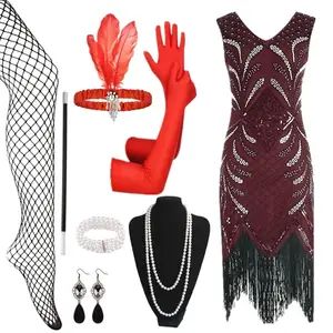 Mujeres 1920s Gatsby Flapper Dress Sexy Open Back Strap Fringed Cocktail Party Dress con 20s Accesorios