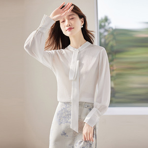 Women's Ribbon Shirt Top Long Sleeve <b>White</b> Chiffon Work Blouse Spring Autumn Professional Formal Wear - Product Image 3