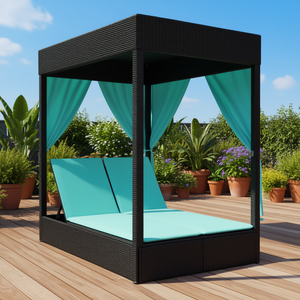 Lettino Prendisole Doppio Nero in Polyrattan con Tende, Comodo Arredo da Esterno - Product Image 2