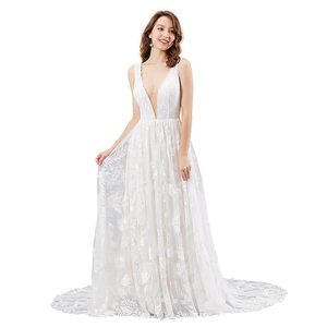 White A-Line Chiffon Embroidery Bridal Gown V-Neck Empire Waist Wedding Dress - Product Image 5