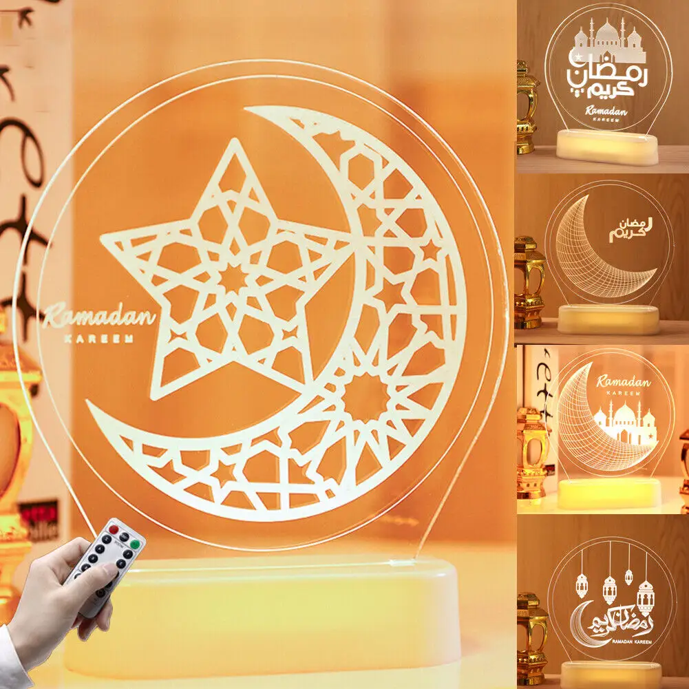 Woohaha 3D Cahaya Malam Bulan Bintang Lebaran Dekorasi LED Plakat Akrilik Tampilan Ramadhan
