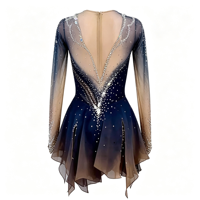 Robe de patinage artistique noire et marron avec strass, manches longues en maille, dos en V profond, costume pour adultes et enfants, compétition, performance