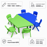 Juego de Mesa y Sillas de Plástico Ecológico Moderno para Niños, 2 Mesas y 6 Sillas, Mesa de Actividades Hexagonal Verde y Azul para Jardín de Infancia y Preescolar