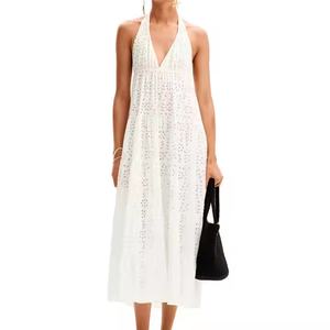 Nuevo Vestido Maxi de Lino para Mujer, Estilo Festivo, de Alta Calidad, con Ojales Delicados, Escote Pronunciado, Largo, Tipo Halter, Corte A, Modesto - Product Image 4