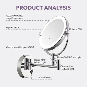 Meilleure vente de miroirs de maquillage éclairés par LED fabricant nouvelle salle de bain cosmétique compacte agrandie miroir de maquillage par LED mural