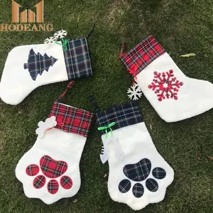 Funny Felt Craft Pet Christmas Decoration Stockings Plaid Bear Paw Stockings