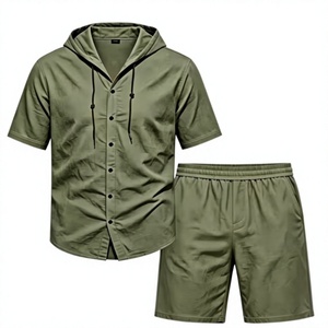 Men Solid Color Hooded Button-Up Shirt Set Elastic Waist Shorts Casual Summer Breathable Polyester/Cotton 200g Knitted Fabric - Product Image 1