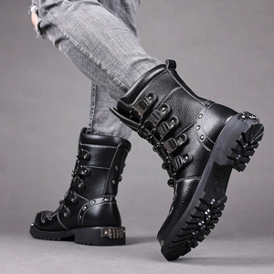 Men's Mid-Calf Moto <b>Boots</b> Black <b>Leather</b> Thick Sole Anti-Slip Low Heel Rubber Outsole EVA Midsole Trendy Riding <b>Work</b> <b>Boots</b> - Product Image 2