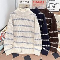 Herbst/Winter Kontrastfarbener Gestreifter Stehkragen-Seiden-Cardigan, Koreanischer Stil Lässiger Streetwear-Pullover für Herren, Locker Geschnitten im Old Money Look