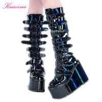 Femmes gothique plate-forme genou bottes Sexy noir Punk motos Halloween Cosplay chaussures hauteur augmentant caractéristique pour l'automne