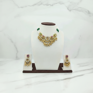 Traditional Silver Green White <b>Beaded</b> Choker Necklace <b>Set</b> Kundan Work and Hanging Drops Matching Earrings Ethnic Jewelry - Product Image 4