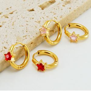 Pendientes de Zirconia en Forma de Estrella de Cinco Puntas en Acero Inoxidable Rojo/Verde/Blanco/Rosa, Pendientes Redondos de Acero de Titanio para Mujer, Joyería de Moda - Product Image 6