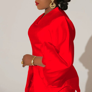 Elegante Conjunto de 2 Piezas para Mujer, Talla Grande, Estilo Africano, Top de Manga Farol con Cuello en V y Pantalones Largos, Color Sólido - Product Image 5