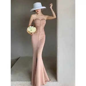 Factory In Stock Mermaid Sweetheart Pleating Ready To Ship High Slit Floor Length Evening Dress