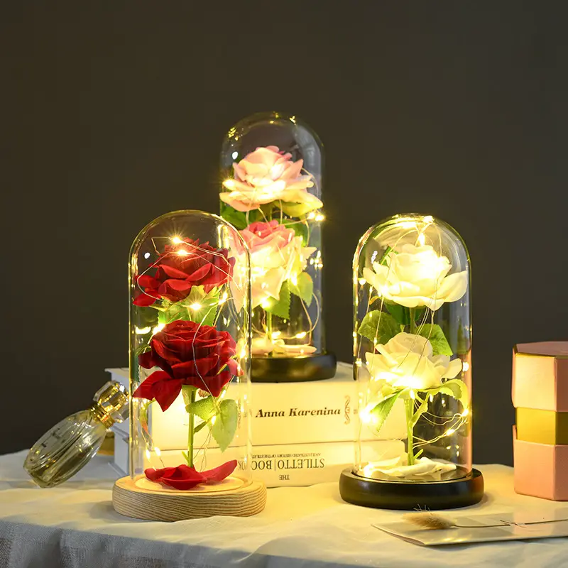 Artificial Flowers Black Wooden Base Golden 24k Preserved led Light Gold Galaxy Rose In Glass Dome