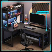 Bureaux de jeu en forme de L double, personnalisés, de haute qualité, en fibre de carbone, avec étagères, pour l'e-sport (vente en gros)