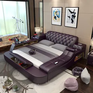 CBMMART — ensemble de chambre à coucher King, meuble de Massage en cuir véritable, souple, en bois massif, style moderne, 100%