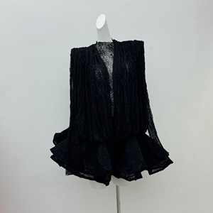 Abito Mini a Due Pezzi in Pizzo Bianco con Maniche Lunghe, Collo Alto, Traspirante, Elastico in Vita e Linea A - Product Image 4