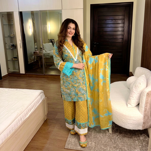 Yellow <b>Blue</b> <b>Lace</b> Woven Printed Women Salwar Kameez Set Long <b>Top</b> Wide Leg Pants Shawl Pakistani Outfit - Product Image 1