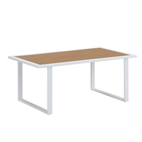 Table basse moderne en composite bois-plastique avec pieds en métal blanc pour salon