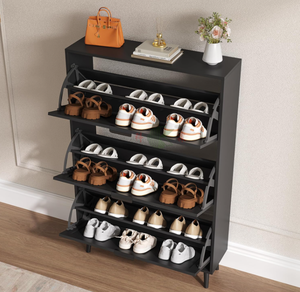 Meuble à chaussures en bois fin avec 3 tiroirs rabattables, design moderne à rainures, rangement étroit dissimulé pour couloir, entrée, salon - Product Image 3