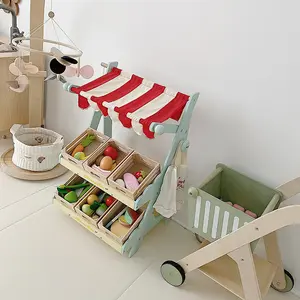 COMMIKI Kitchen Play Set For Kids Toy Kitchen Set With Trolley Green Shopping Cart Wooden Pretend Play Sets