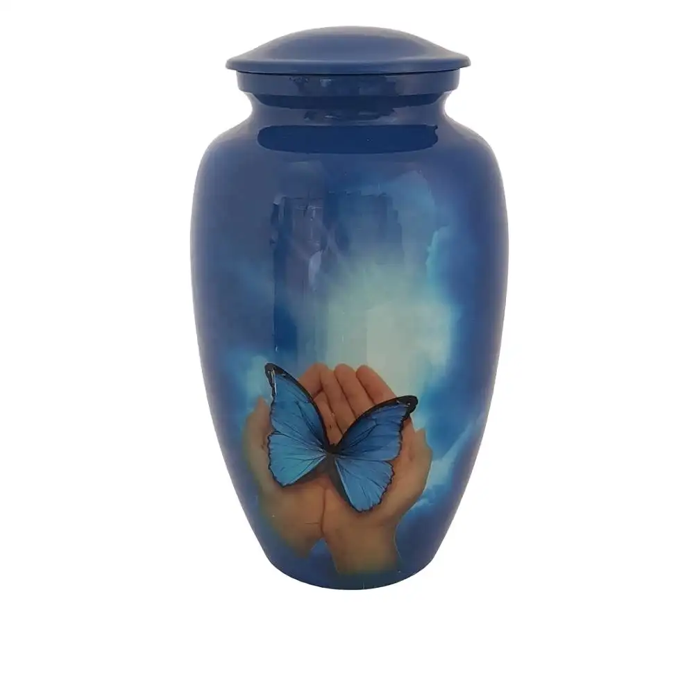 Sıcak satış kelebek tasarım alüminyum kremasyon Urn mavi renk 10.5 "inç özel tasarım anıt Urn