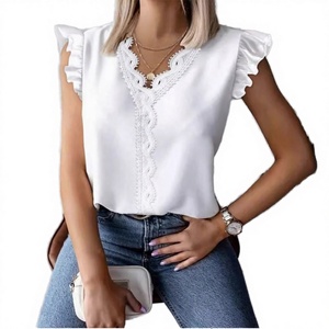 Chemisier blanc sans manches pour femme, col en V, avec volants et bordure en dentelle, élégant, printemps-été, en coton, coupe classique - Product Image 3