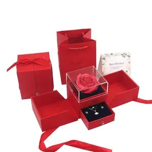 Red Plastic Acrylic Jewelry Necklace Bracelet Drawer Box Preserved Rose Red Flower Wedding Boxes Valentine's Day Gift