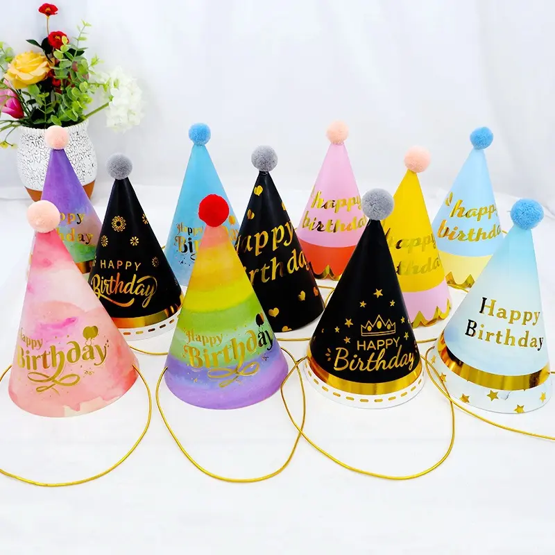 Wholesale party accessory Children Adults Happy birthday party supplies Paper cone hat with pompom individual retail pack