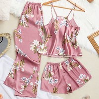 Ensemble pyjama 3 pièces en satin à imprimé floral pour femme, avec débardeur à fines bretelles, short et pantalon long, tenue décontractée d'été pour la maison et le sommeil