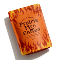 Sachet de café orange imprimé sur mesure, mat, motif flamme, refermable avec fermeture éclair et encoche de déchirement, emballage vide en gros