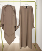 Ensemble Deux Pièces en Crêpe Dubaï Turque, Abaya Couleur Unie + Khimar Double Voile, Robe de Prière Musulmane pour Femmes, Ensemble Abaya Musulmane