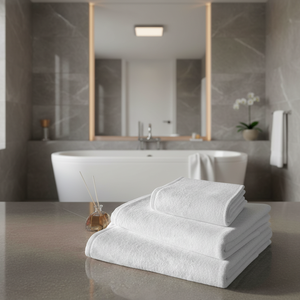 Ensemble de serviettes de bain rectangulaires pour hôtel, série Themis 20/2, fil anneau, 100% coton blanc, couleur unie, poids 600 g/m², logo brodé - Product Image 3