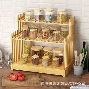 Étagère de rangement de cuisine en bambou à 3 niveaux avec tiroir, organisateur de comptoir multifonction, étagère à épices - Product Image 2