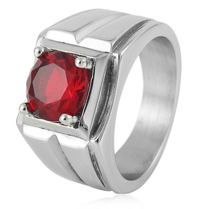Yunnique – bague en acier inoxydable pour hommes, pierre précieuse rouge, sertie de pierres précieuses, alliance de mariage, design géométrique, bijoux de couleur argentée, FY21023 - Product Image 1