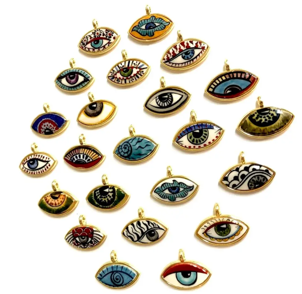 Factory Wholesale Handmade Paint Ceramic Eye Pendant For Necklace 18k Gold Plated Stainless Steel Charms For Jewelry Making