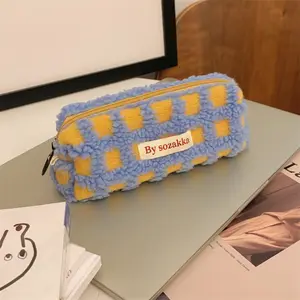 Custom Wholesale Cute Lambswool Fluffy Cloth Stationary Pencil Pen Organizer Pouch Bag